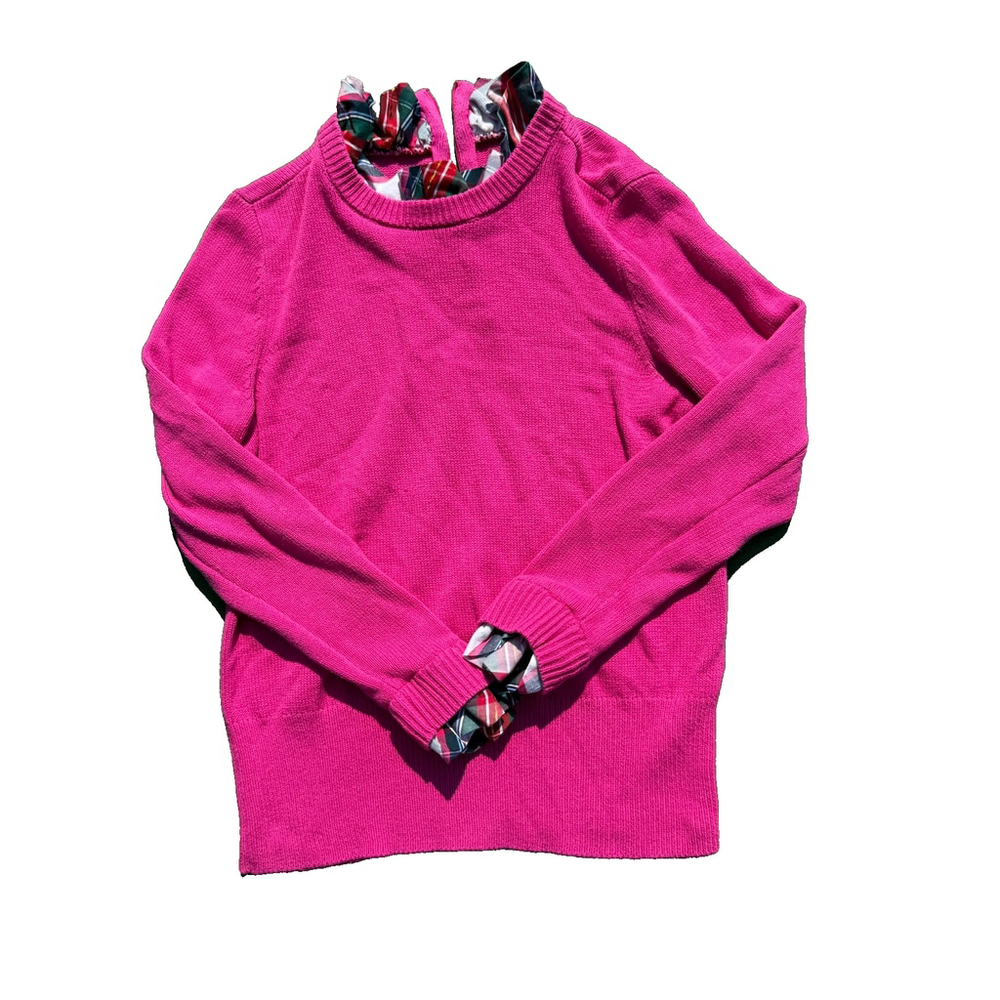 Crown & Ivy Pink Sweater with Plaid Ruffle Trim Size PM A5